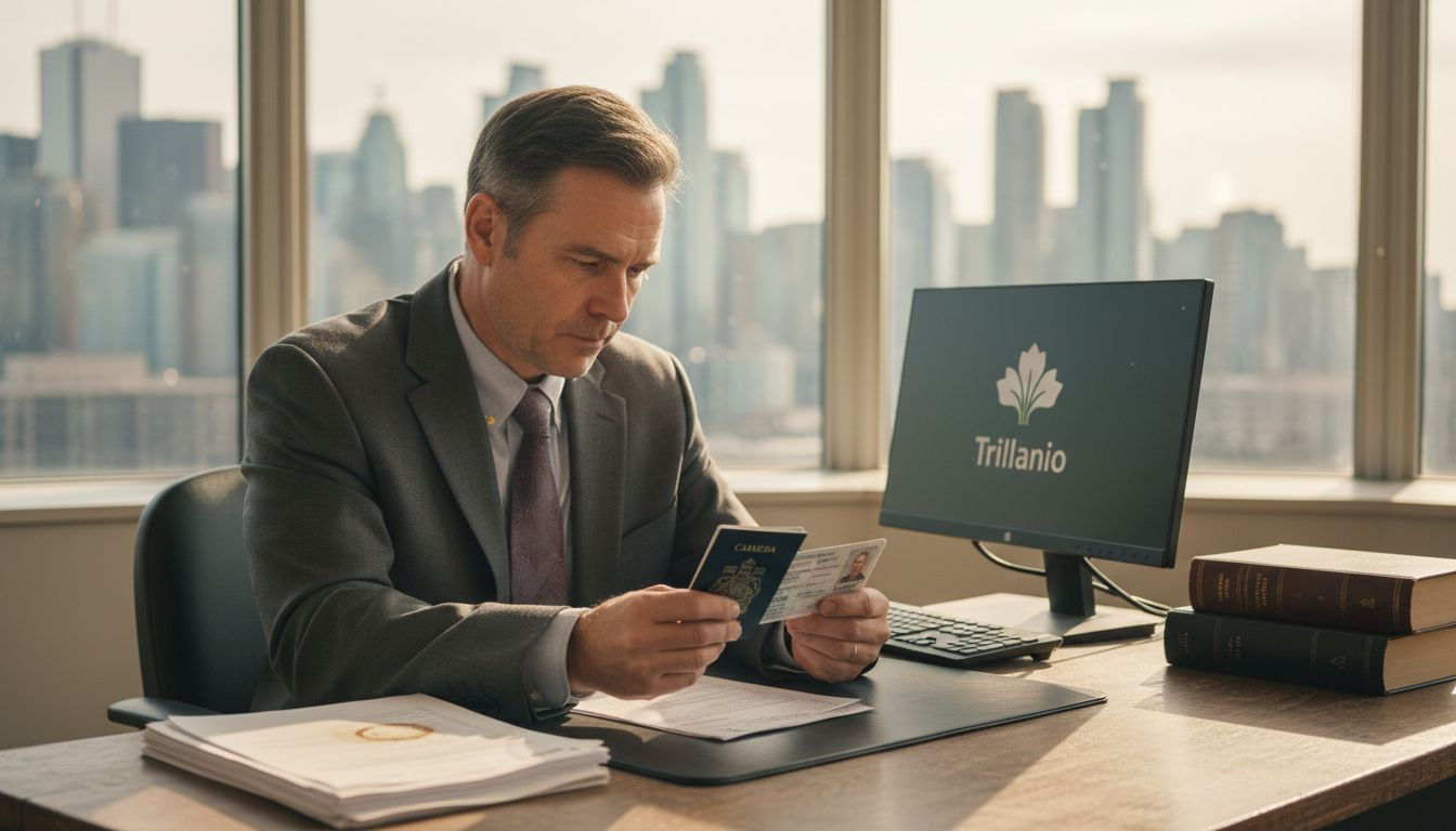 Notary examining ID in Ontario office