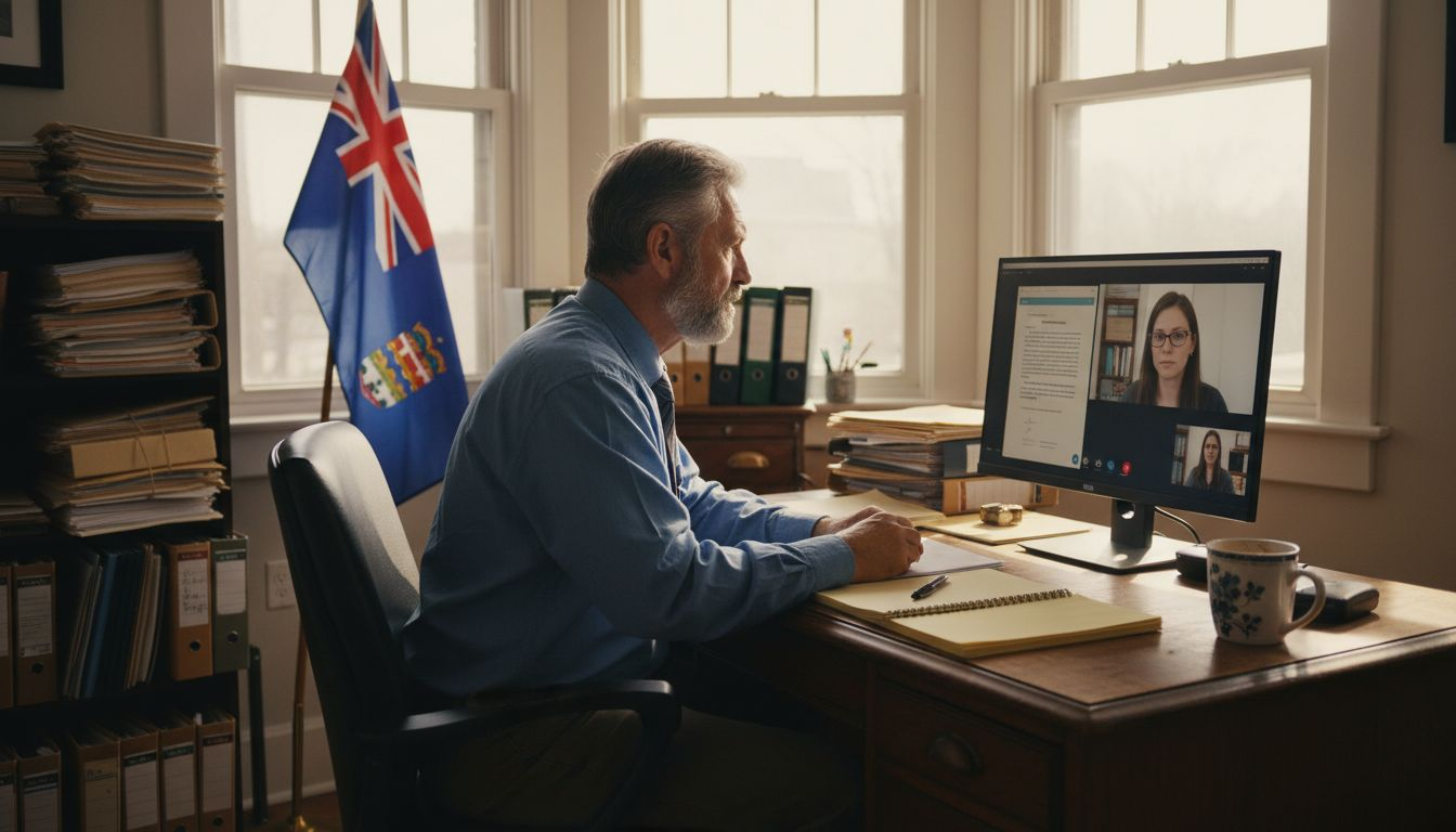 Ontario notary at desk with video call