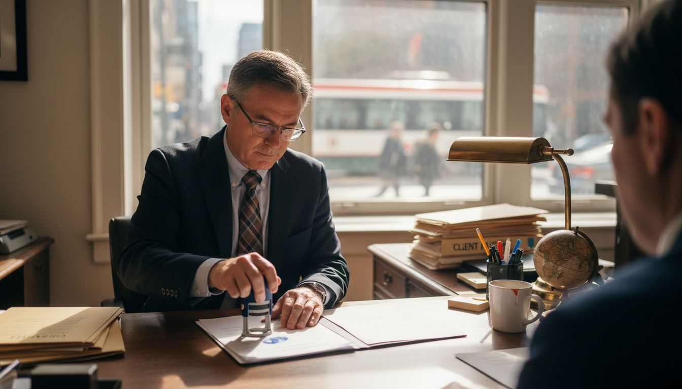Notary signing document in busy Ontario office