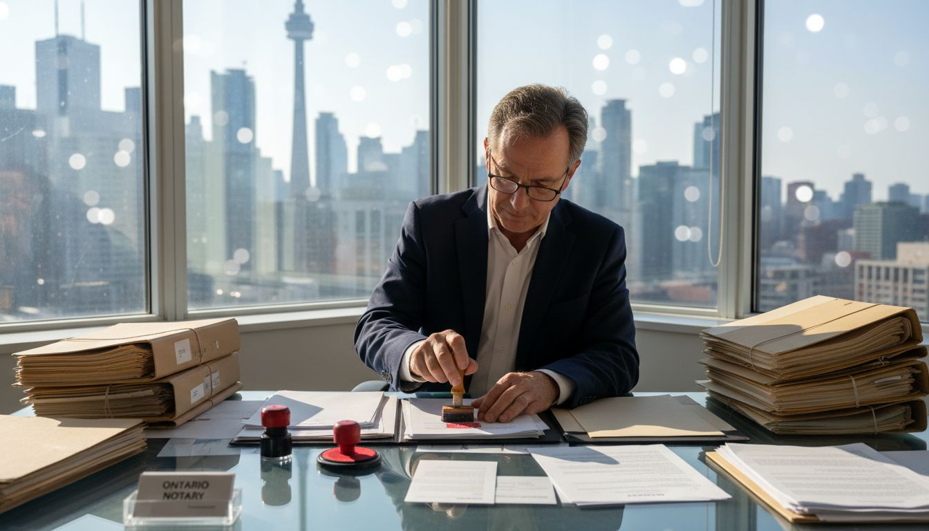 Notary certifying business document in Toronto office