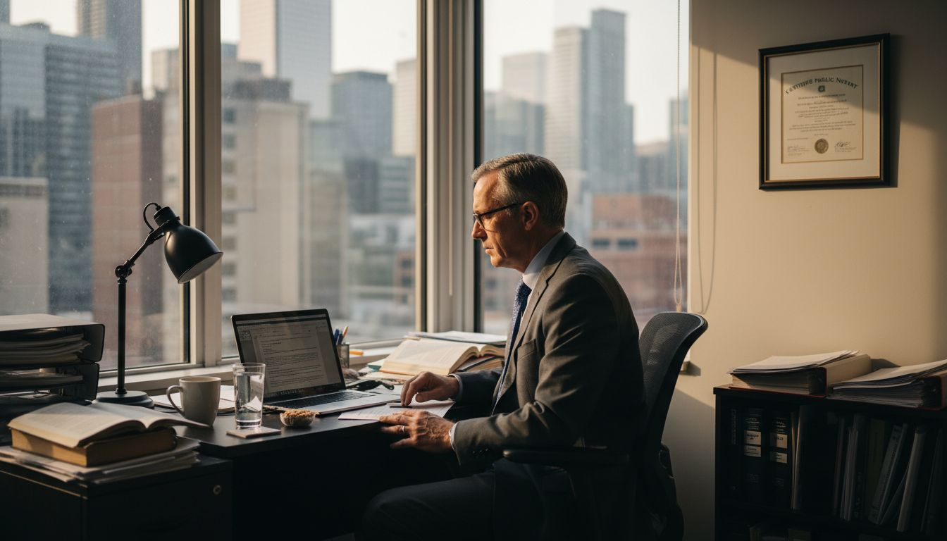 Ontario notary in corner office checks documents