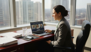 Woman attending digital notary session in office