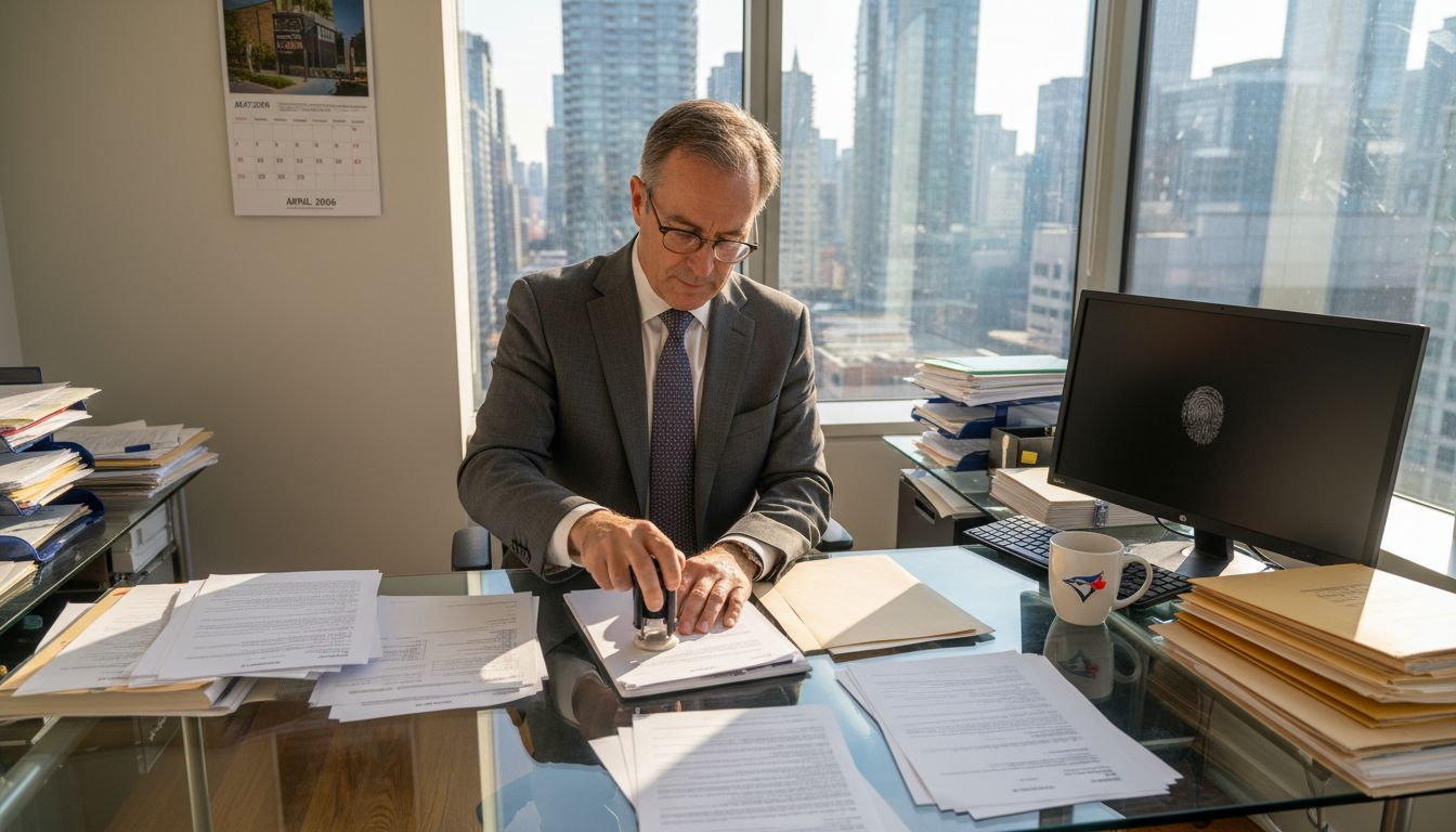 Notary public stamping documents in Toronto office
