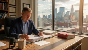 Ontario notary reviews client documents in office