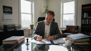 Man reviews affidavit in Ontario law office