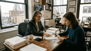 Notary and client signing legal documents Ontario