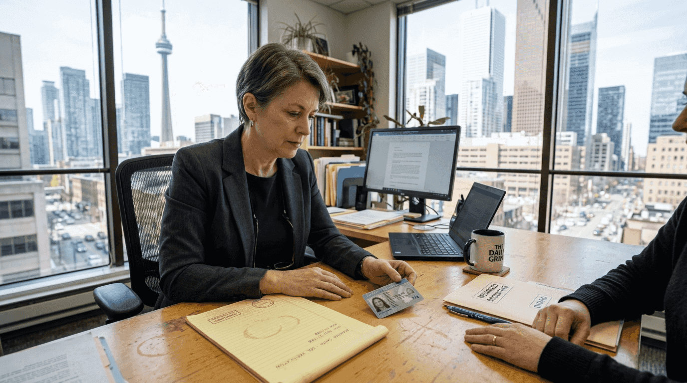 Notary examines Ontario ID in downtown office