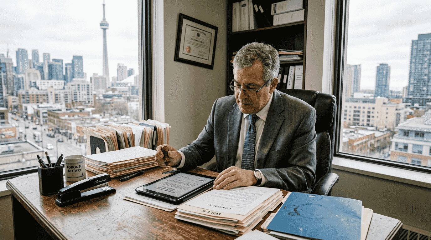 Notary reviews digital document in office