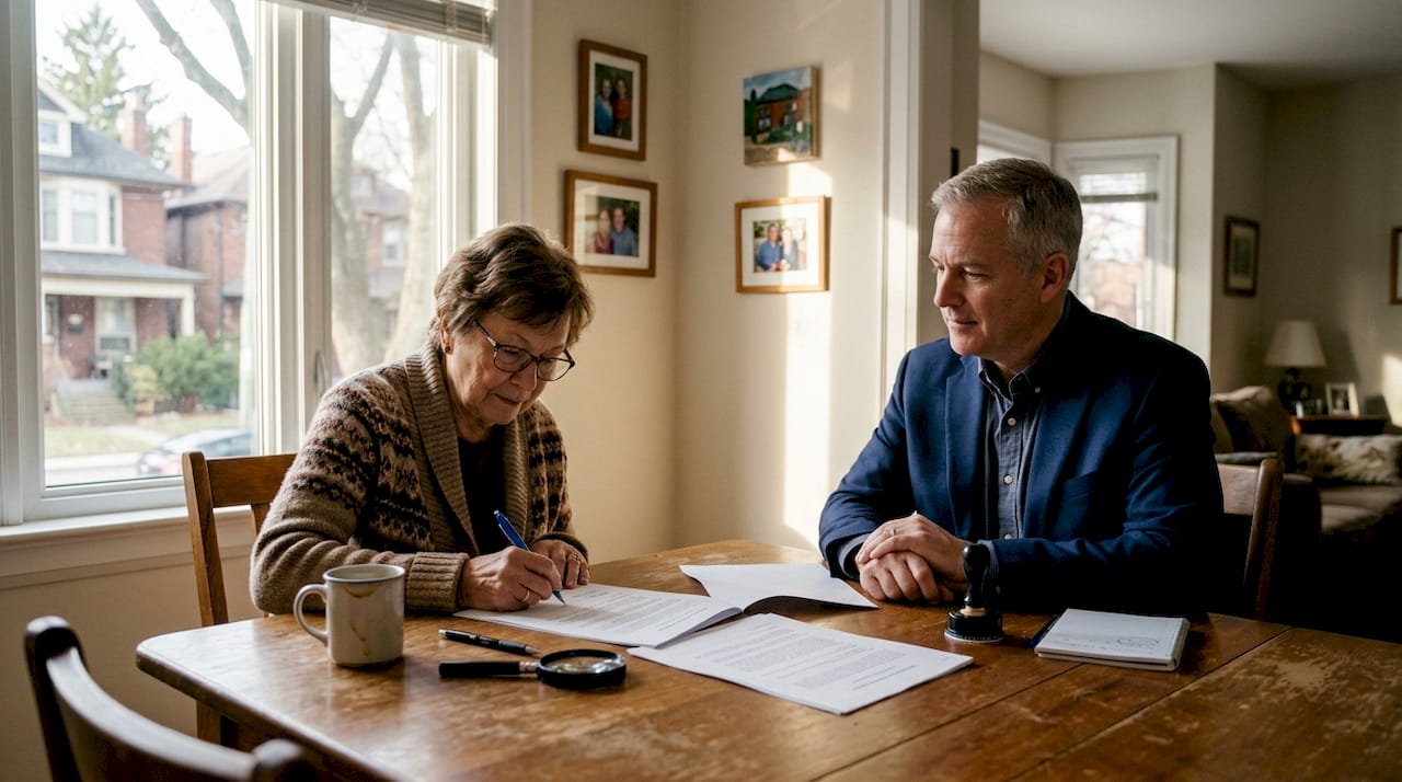 Senior woman signing document with notary at home