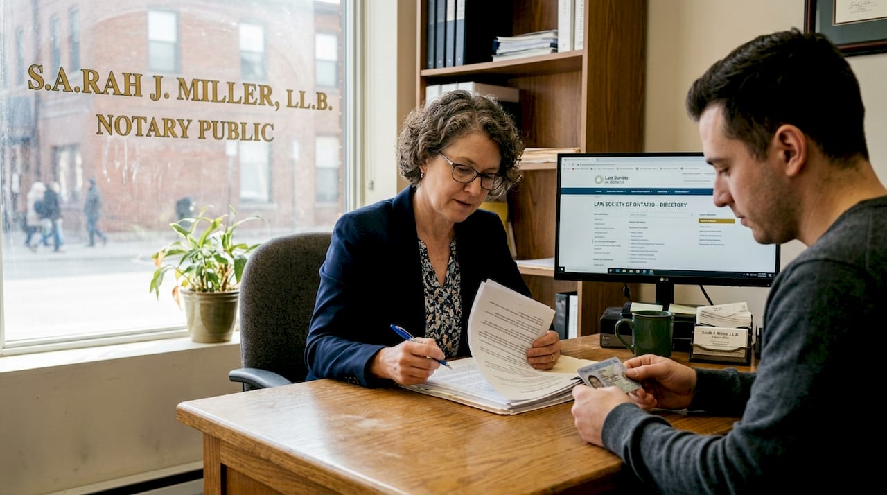 Notary public reviews documents with client in office