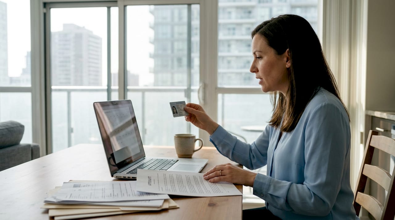 Woman in home office on online notary video call