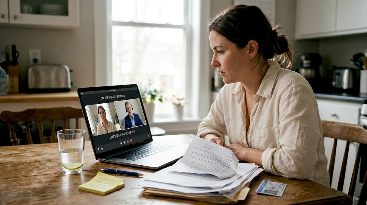 Woman video chatting with notary at kitchen table