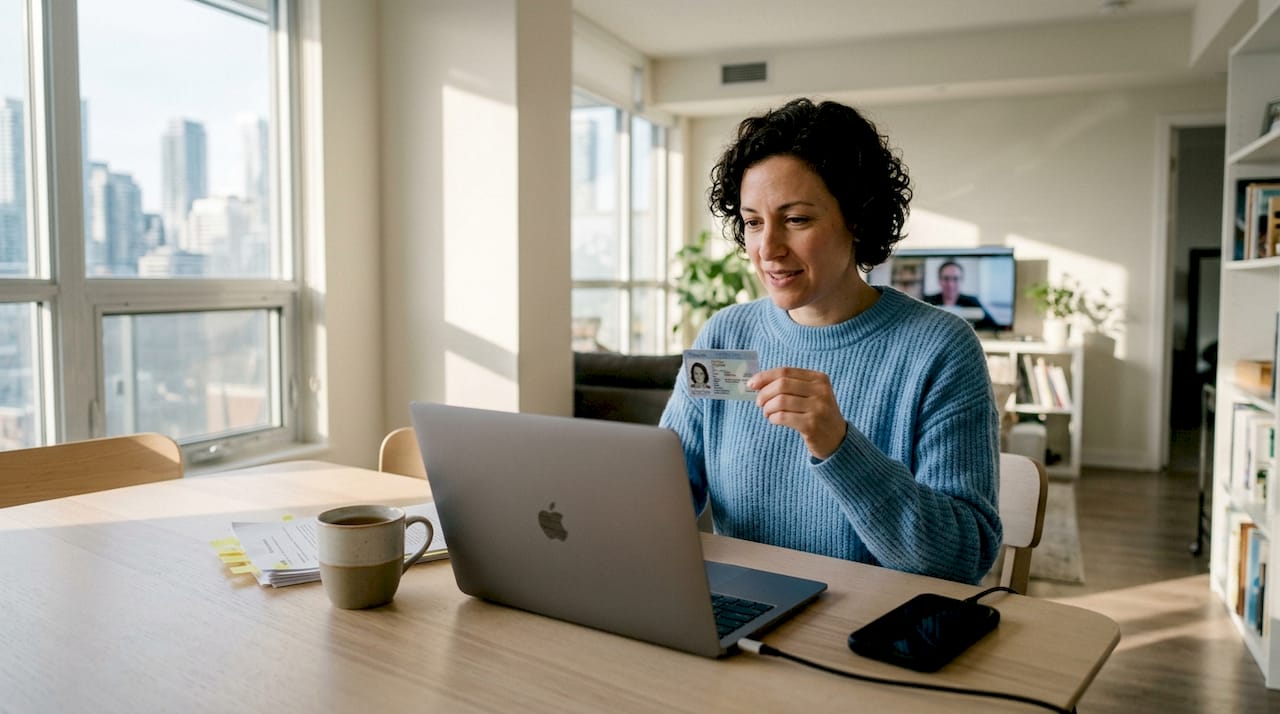 Woman verifying ID in online notary session
