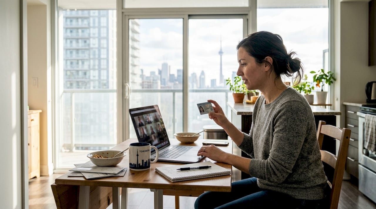 Woman verifying ID during online notary call