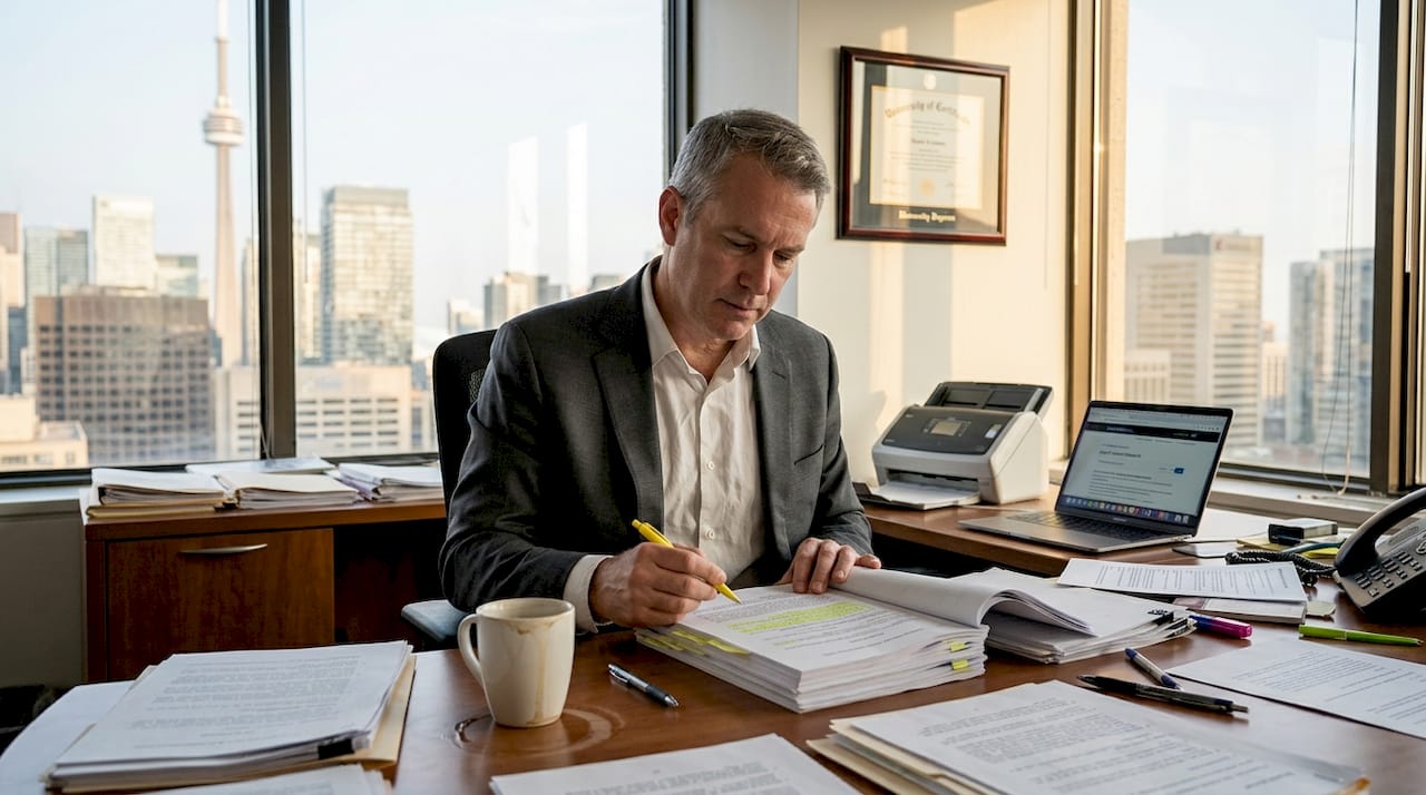 Lawyer reviewing documents in Toronto office