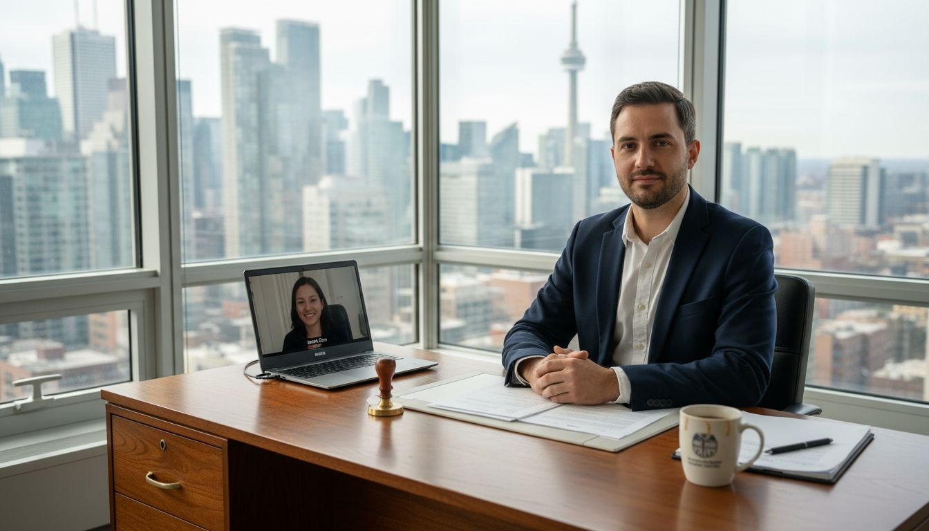 Notary on video call in Toronto office