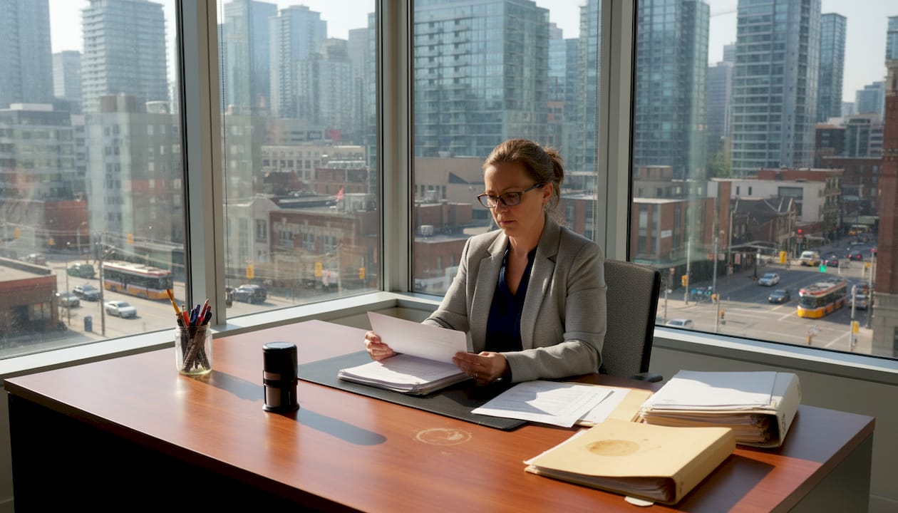 Notary reviewing documents in Ontario office