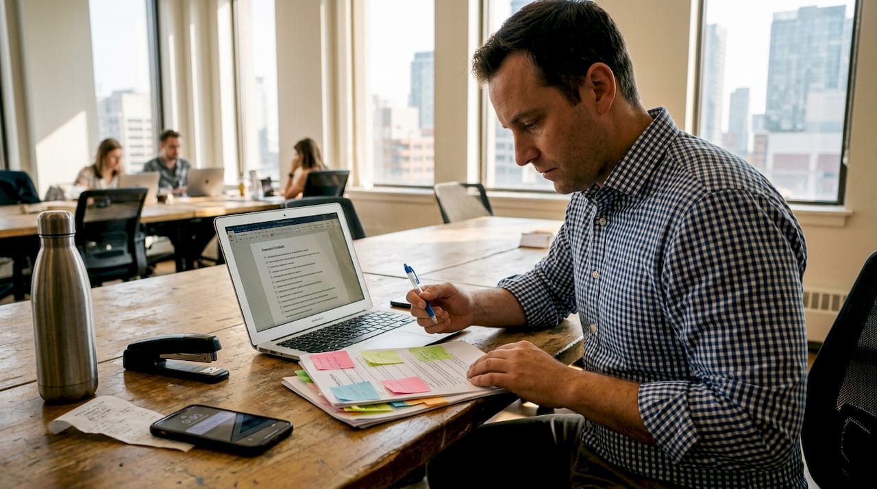 Business owner preparing documents in busy workspace