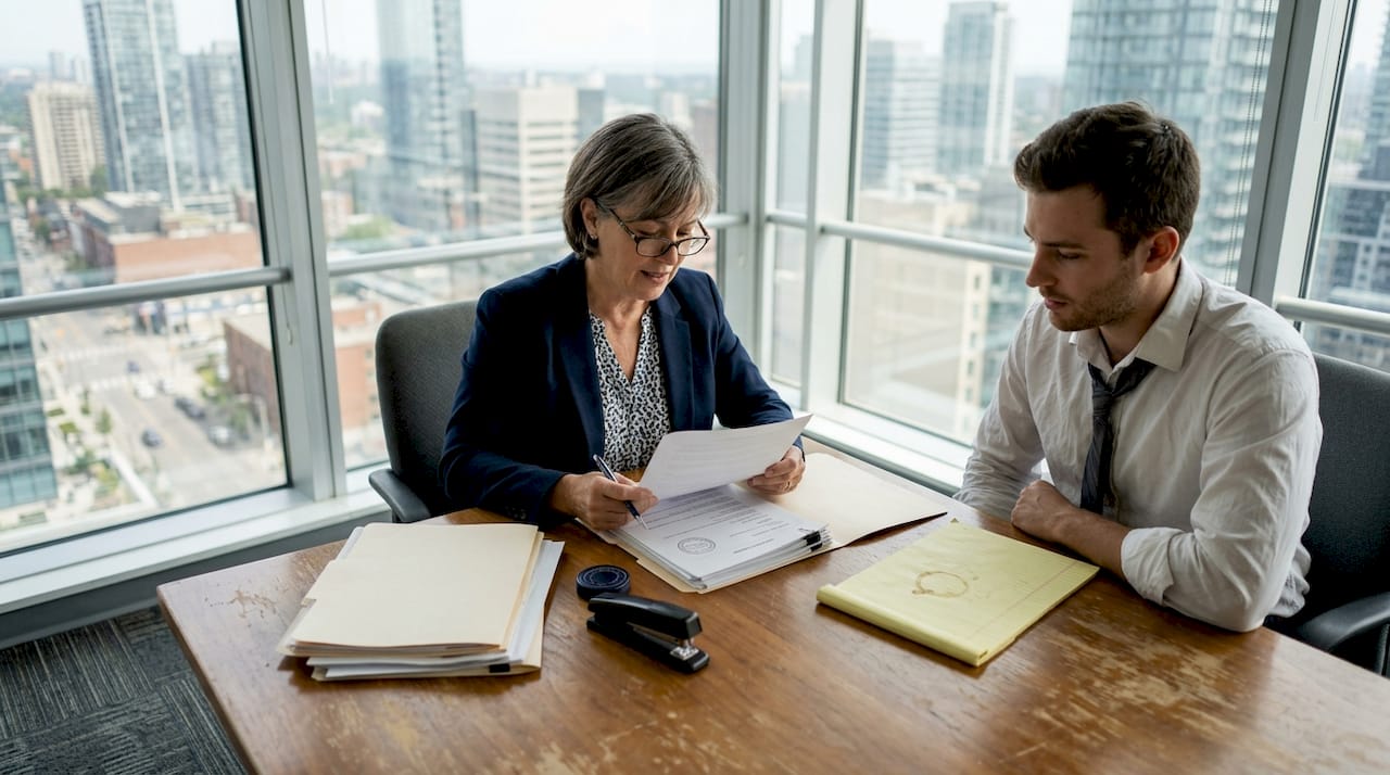 Notary reviewing documents with business client
