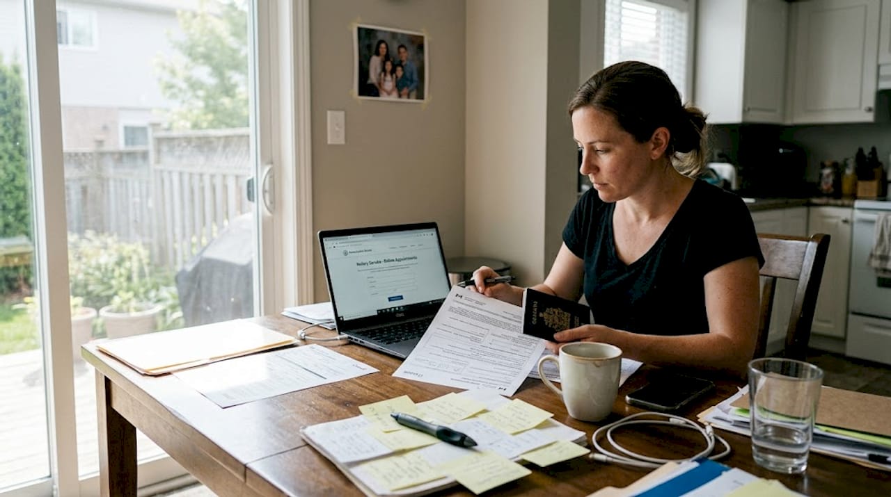 Woman preparing documents for virtual notary