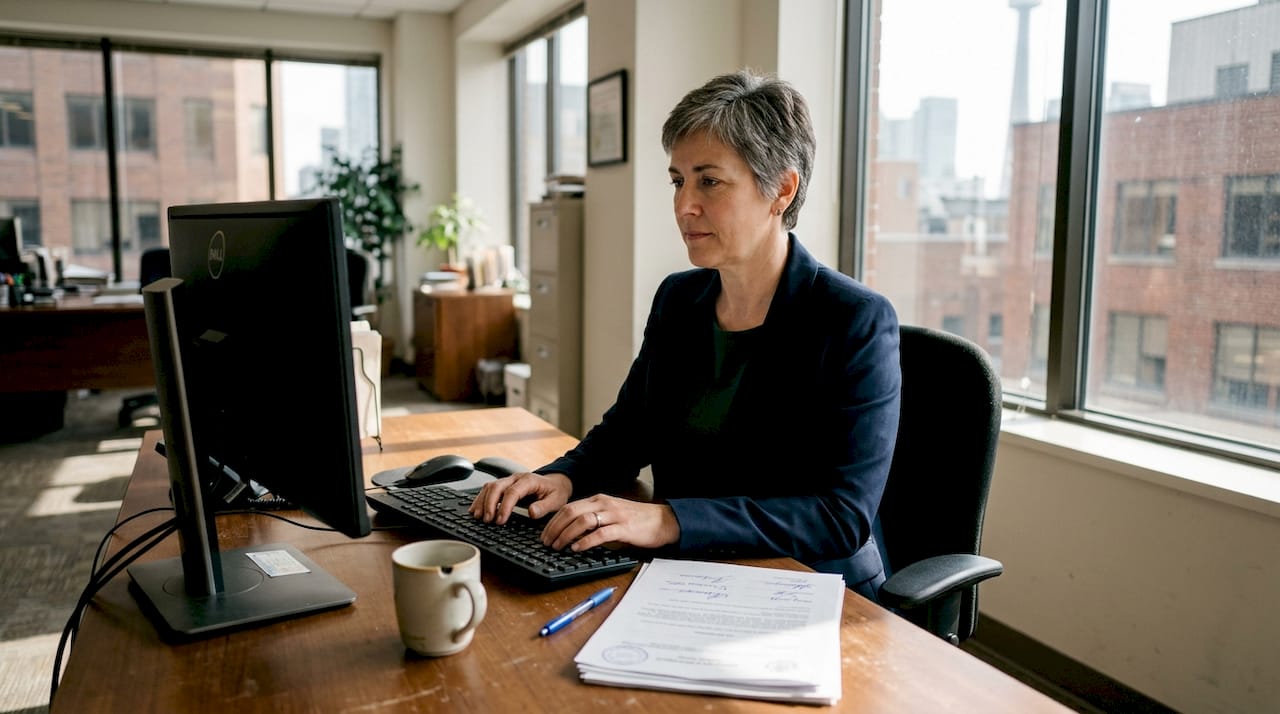 Ontario notary public verifying client ID in office