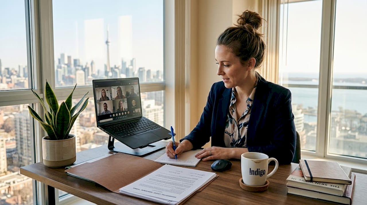 Woman using online notary service at home