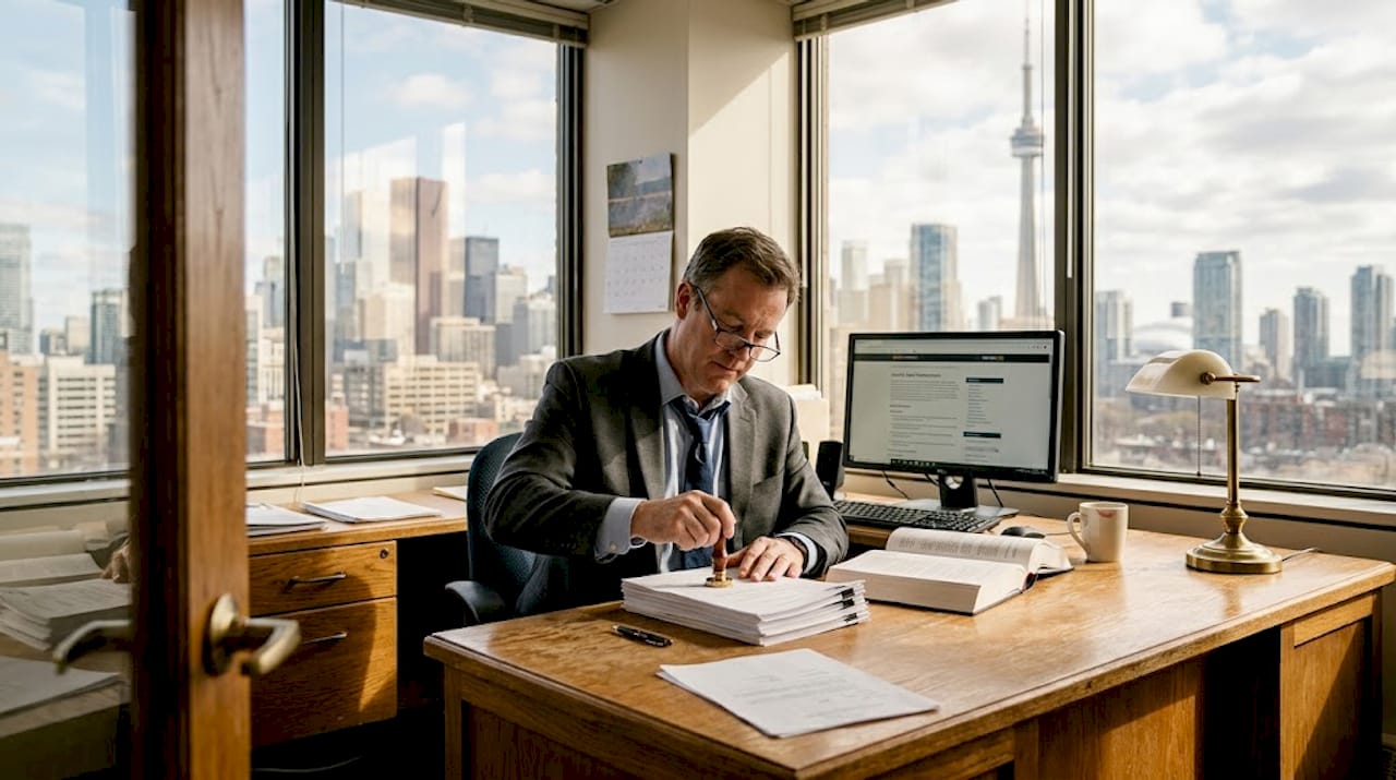 Notary public stamping documents in office