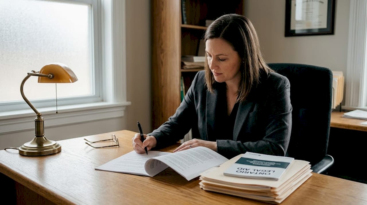 Woman signing affidavit in Ontario law office