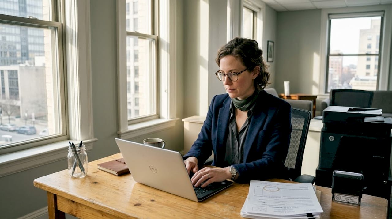 Woman uploading affidavit in Ontario office