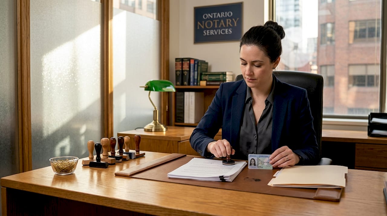 Notary stamping legal documents in office
