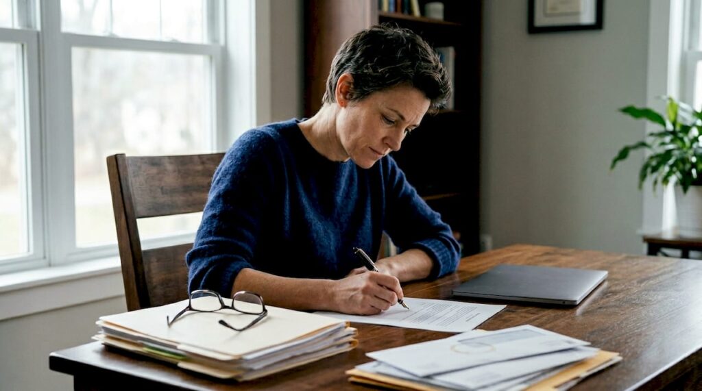 Professional signing documents at tidy home office desk