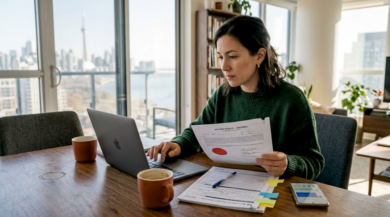 Woman reviews citizenship forms in condo