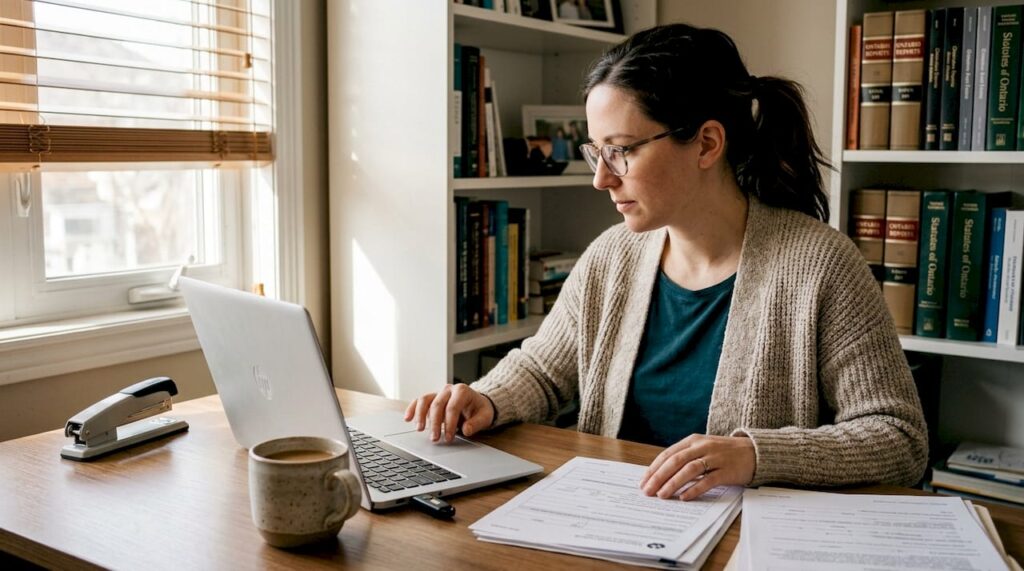 Woman reviewing documents for Ontario online notary process