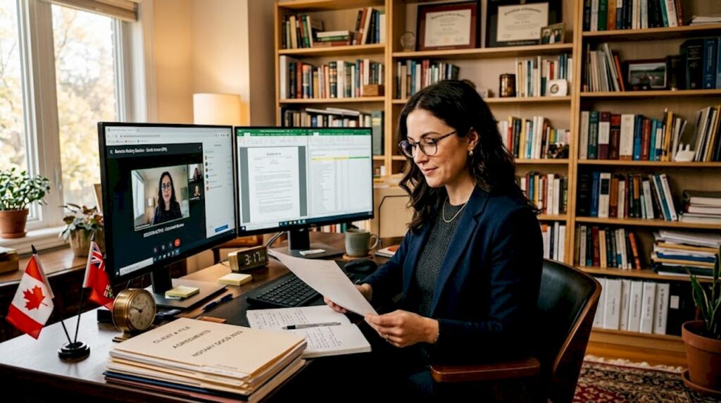 Corporate paralegal reviews digital notarization screen