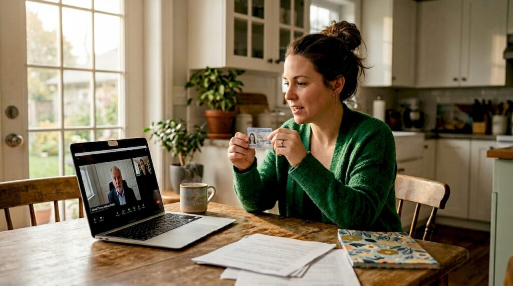 Woman showing ID during online notary session