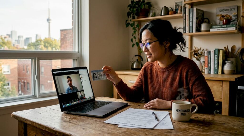 Woman verifying ID in video notary session