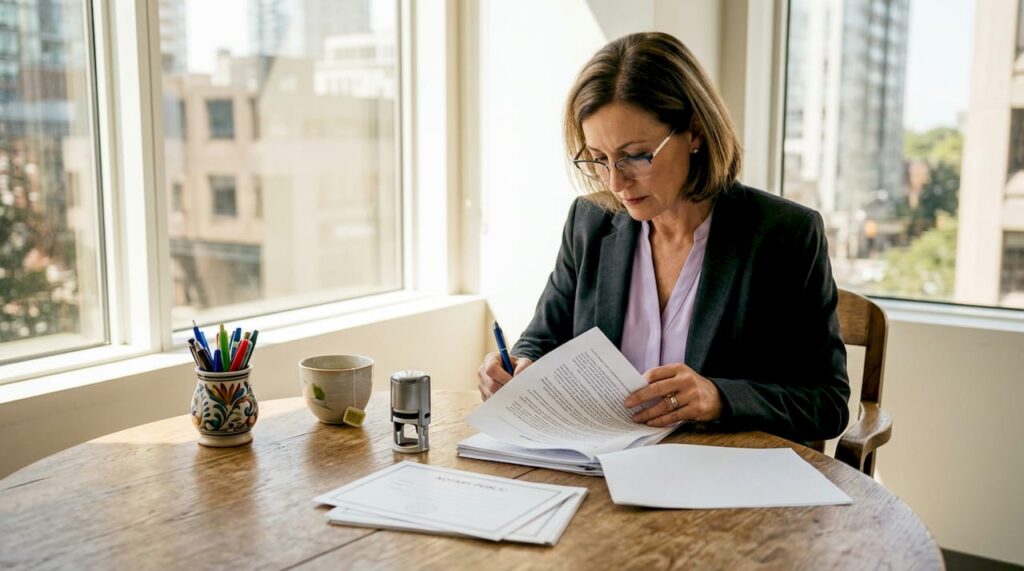 Notary reviews documents in city office