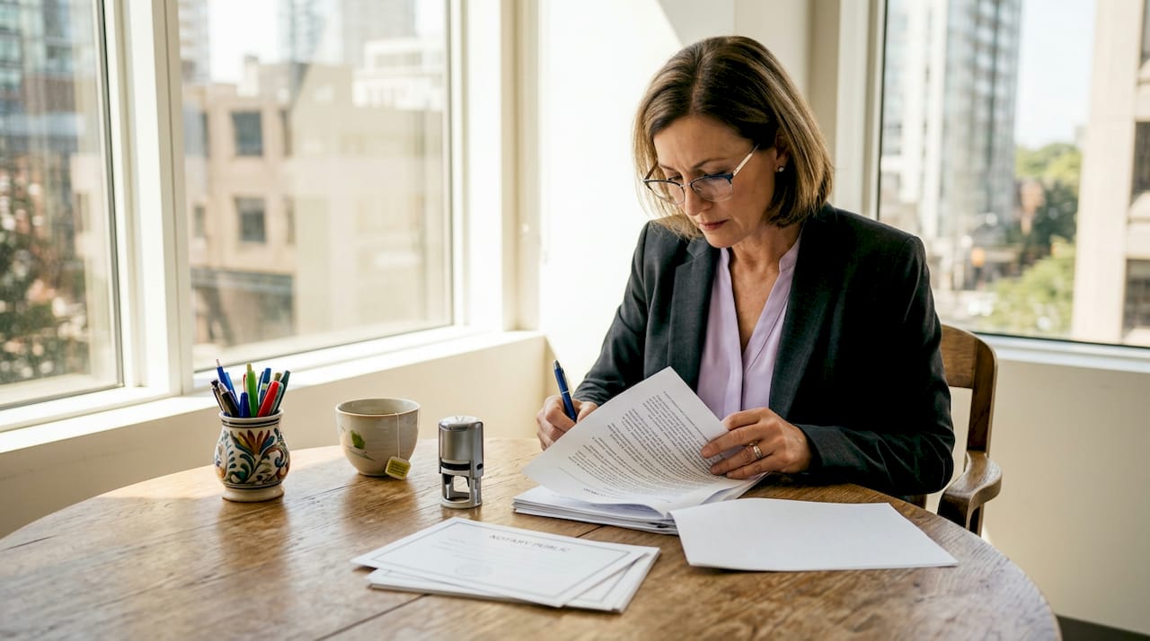 Notary reviews documents in city office