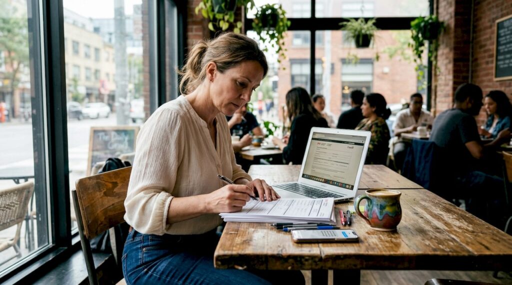 Woman reviews Ontario government forms for notarization