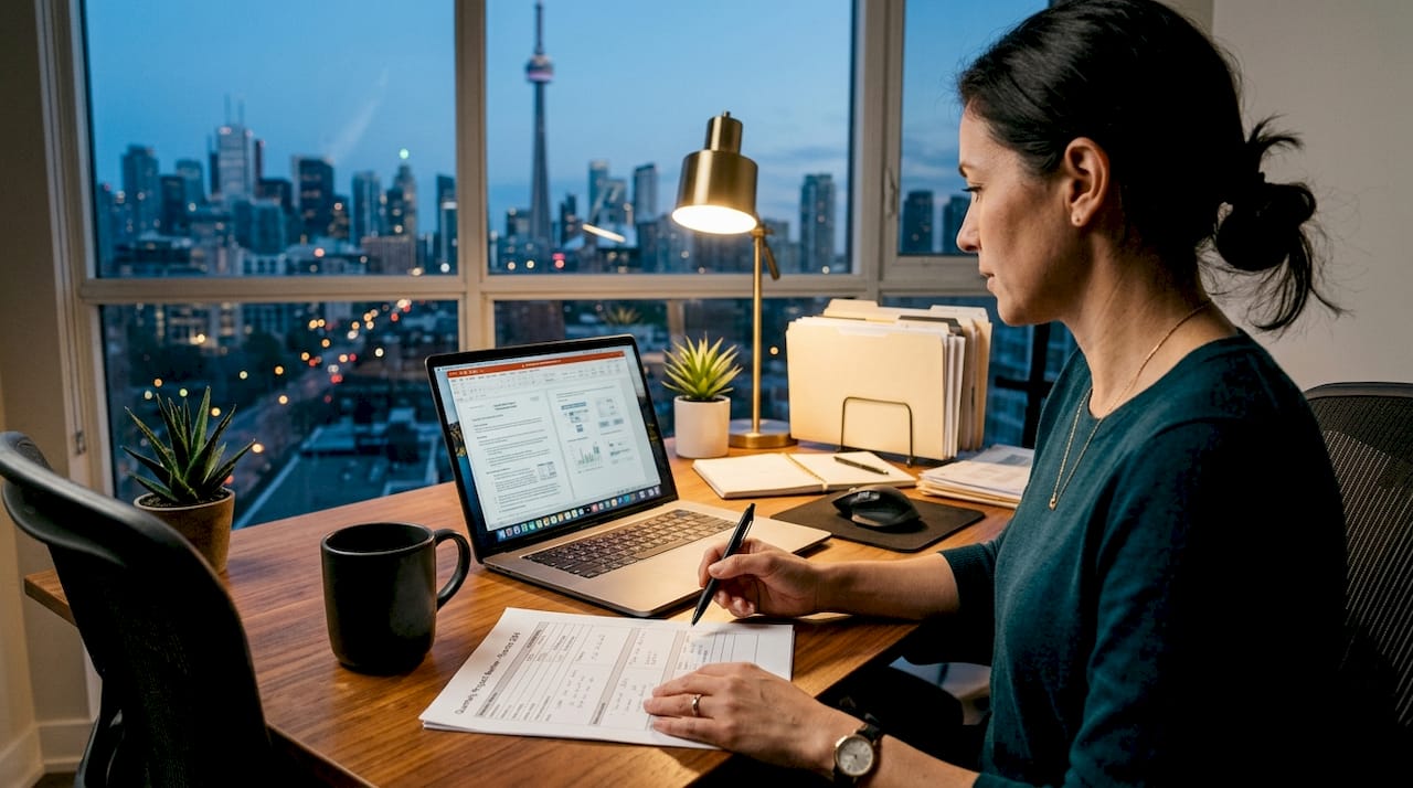 Woman at desk reviewing digital notarization documents