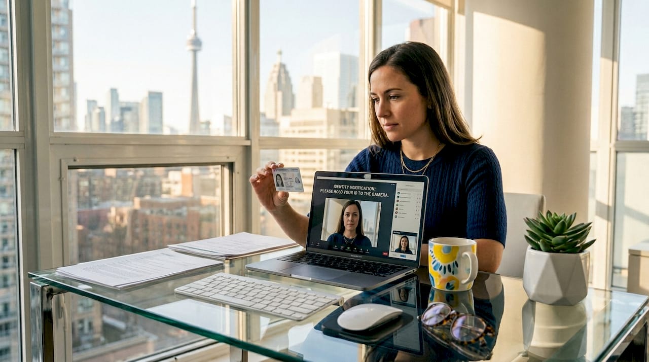Woman verifying ID for digital notary at home