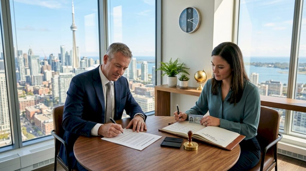 Businessman notarizing documents in Toronto office