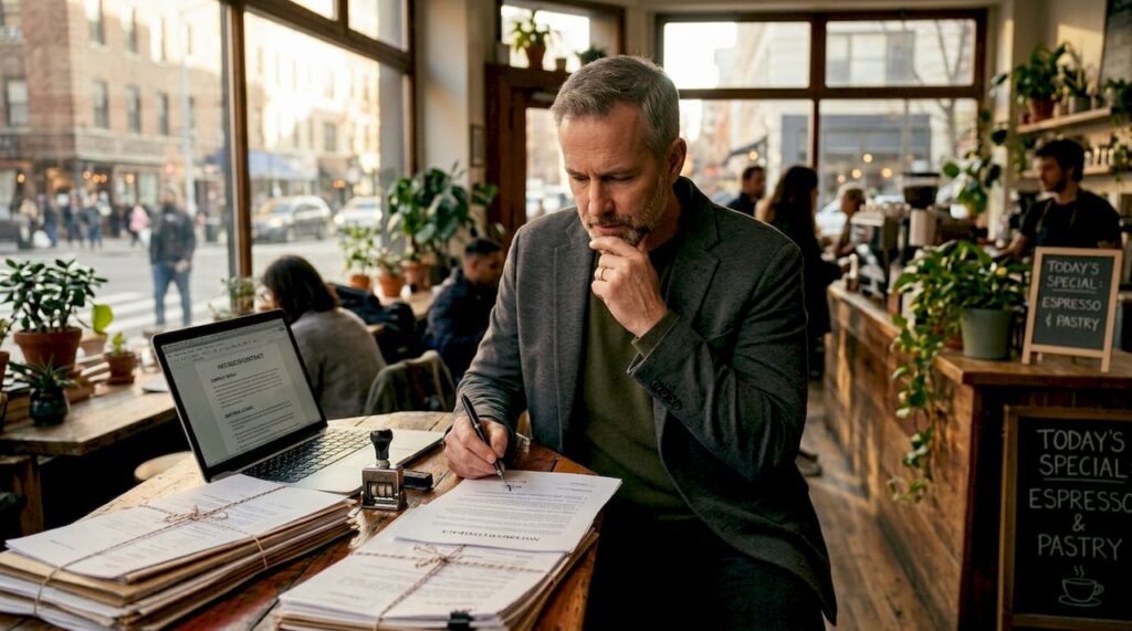 Business owner reviewing notarized documents at desk