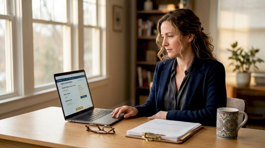 Woman using virtual notary service on laptop