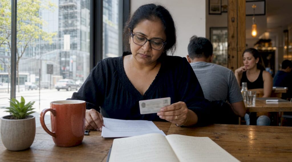 Woman verifying identity in notary office