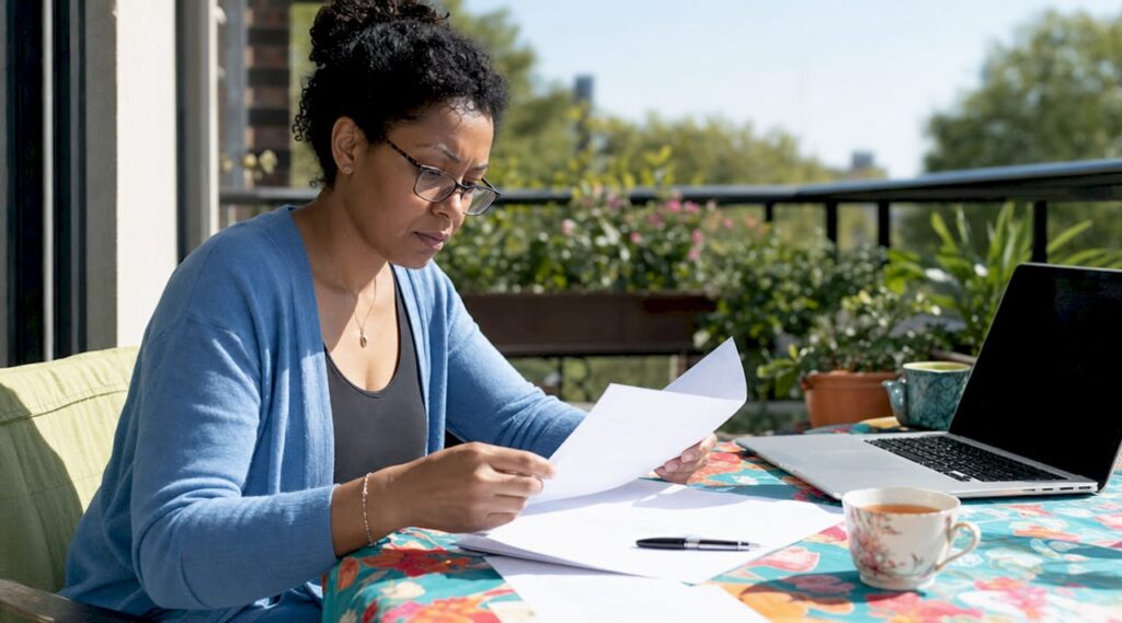 Woman reviewing notarization documents at desk