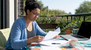 Woman reviewing notarization documents at desk