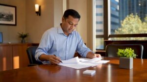 Man reviewing legal documents at notary office