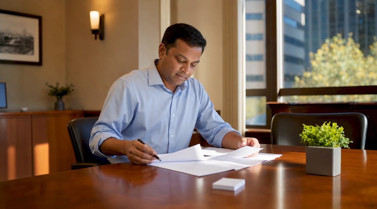 Man reviewing legal documents at notary office