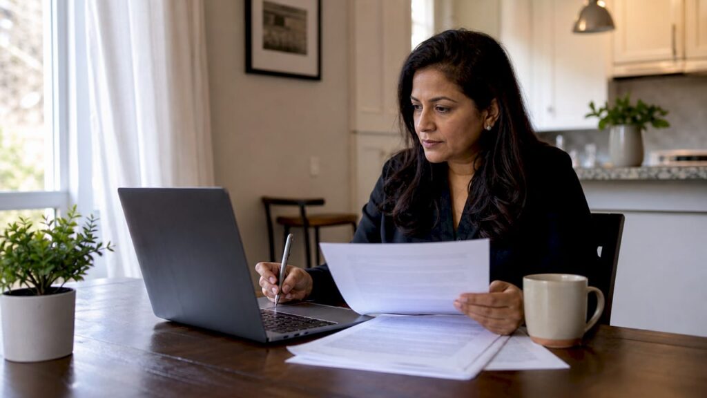 Woman at home notarizing immigration documents remotely